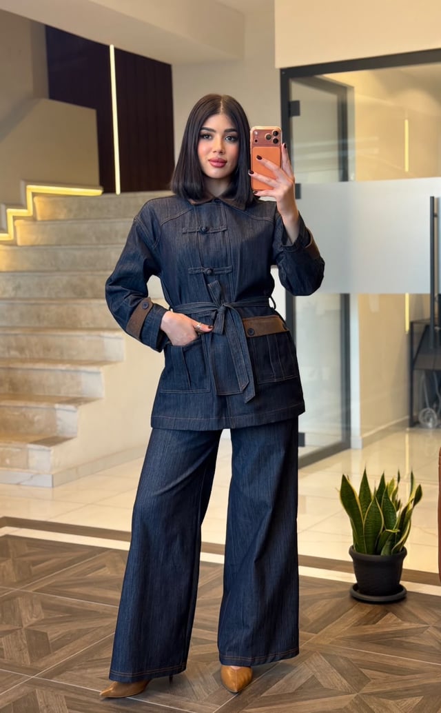 Kruvaze Bağlamalı Denim Ceket & Pantolon Takım K1889 Lacivert