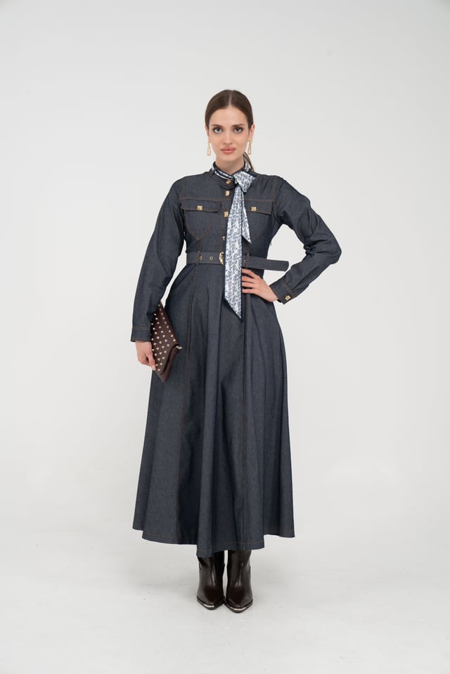 Kuşak Detaylı Denim Elbise K1733