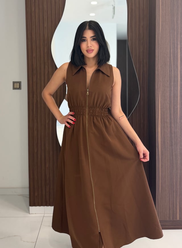 Modern Kesim Beli Büzgülü Elbise K1728 Kahve