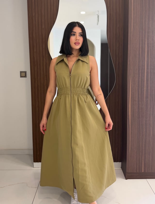 Modern Kesim Beli Büzgülü Elbise K1728 Haki