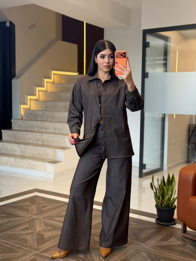 Modern Kesim Denim İkili Kombin K1908 KAHVERENGİ