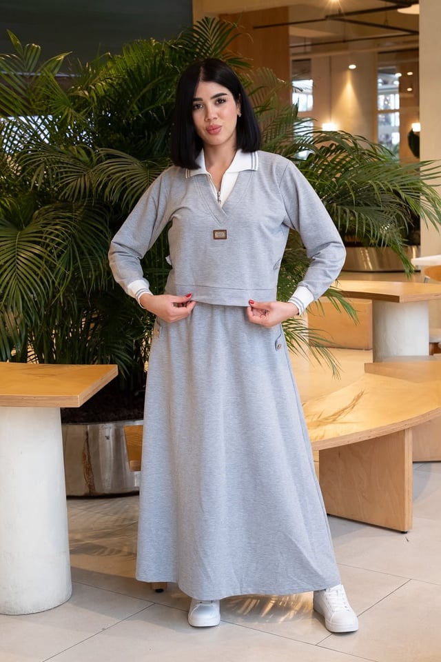 Polo Yaka Fermuarlı Üst ve Etek İkili Takım K1750 GRİ