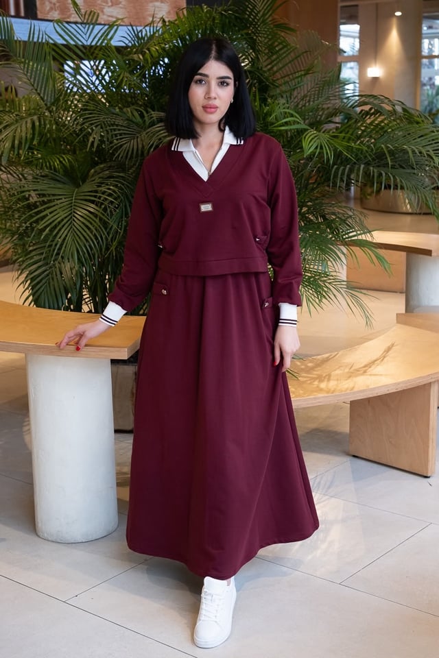 Polo Yaka Fermuarlı Üst ve Etek İkili Takım K1750 BORDO