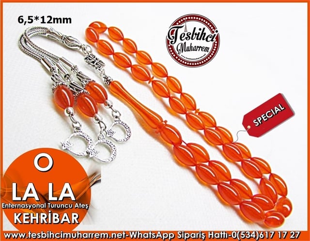  Gümüş Püsküllü Enternasyonal Turuncu Ateş Kehribar Tesbih 6,5*12 mm O La La 