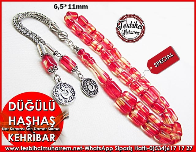  Gümüş Püsküllü Narı Kırmızı Sıkma Kehribar Tesbih 6,5*11 mm Düğülü Haşhaş