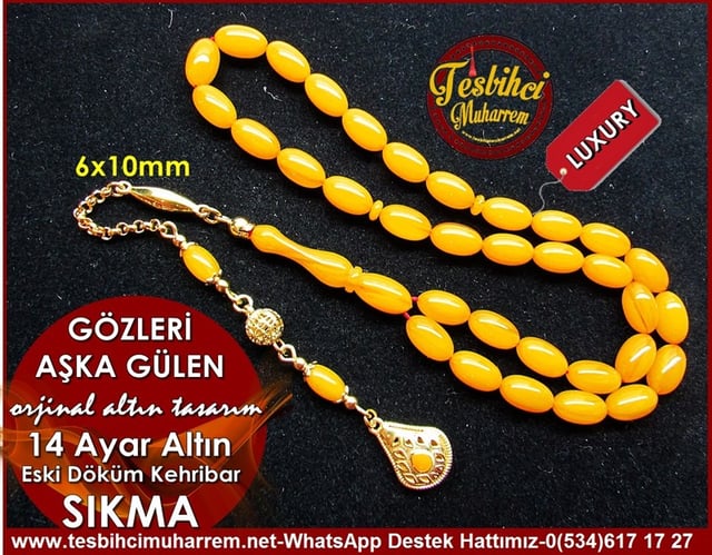  Orjinal 14 Ayar Altın Püskül Çalışma Eski Döküm Sıkma Kehribar Tesbih Gözleri Aşka Gülen