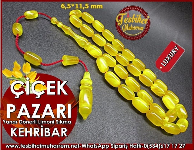 Özel İşçilik Sıkma Kehribar Tesbih 6,5*11,5 mm Çiçek Pazarı