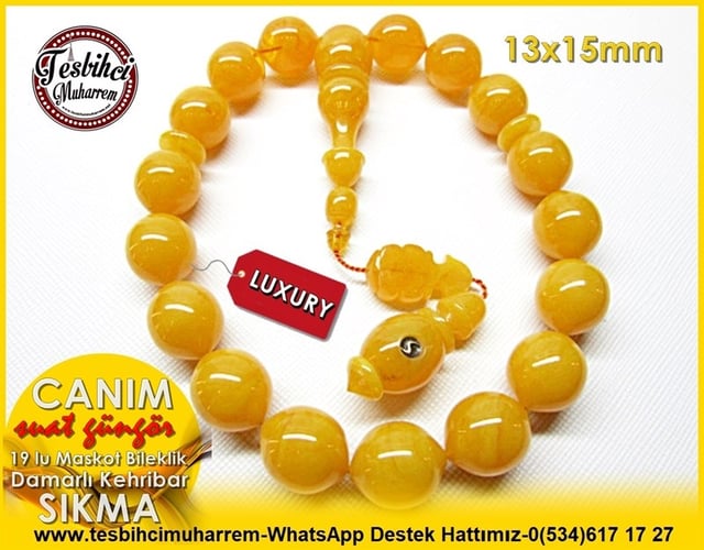  Sarı Damarlı Maskot 17 Habbe Efe Bileklik Sığırcık Kesim Sıkma Kehribar Tesbih Canım