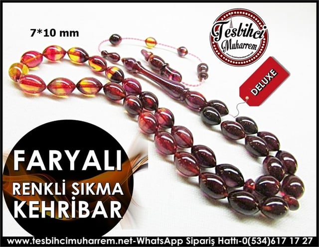 Renkli Sıkma Kehribar Tesbih 7*10 mm Faryalı 