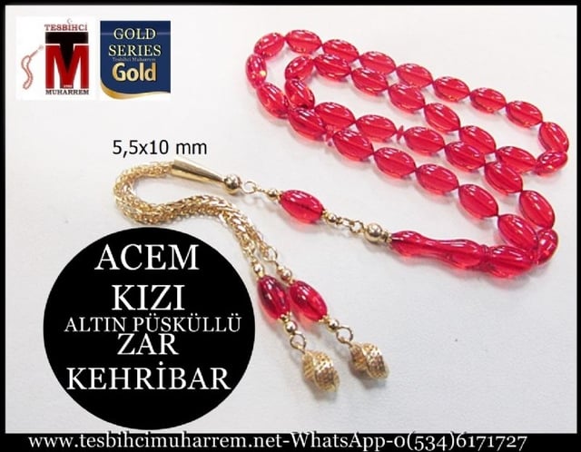 ZAR KEHRİBAR TESBİH 5,5x10 mm ALTIN PÜSKÜLLÜ ACEM KIZI