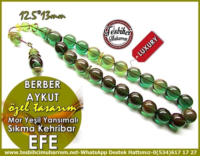 21 Habbe Mor Yeşil Yansımalı Bukalemun Sıkma Kehribar Tesbih Berber Aykut Efe