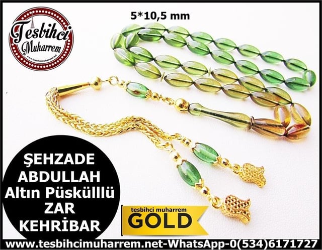 ZAR KEHRİBAR TESBİH 5*10,5 mm ALTIN PÜSKÜLLÜ ŞEHZADE ABDULLAH 