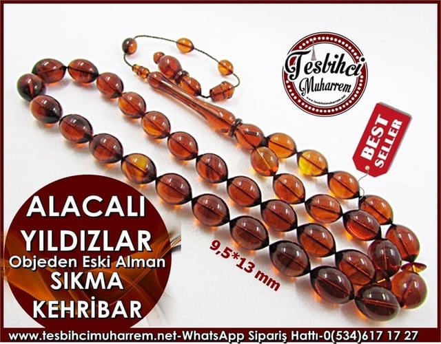  El İşçiliği Sıkma Kehribar Tesbih 9,5*13 mm Alacalı Yıldızlar