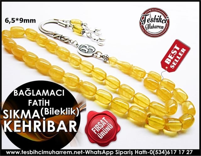 Bileklik Sıkma Kehribar Tesbih 6,5*9 mm Bağlamacı Fatih