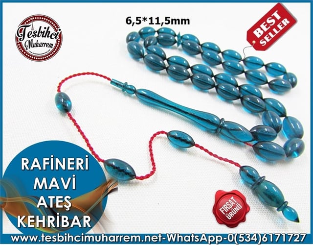ATEŞ KEHRİBAR TESBİH 6,5*11,5 mm RAFİNERİ MAVİ