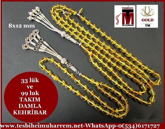 DAMLA KEHRİBAR TESBİH 8x12 mm 33 lük ve 99 luk İKİLİ TAKIM TESBİHAT