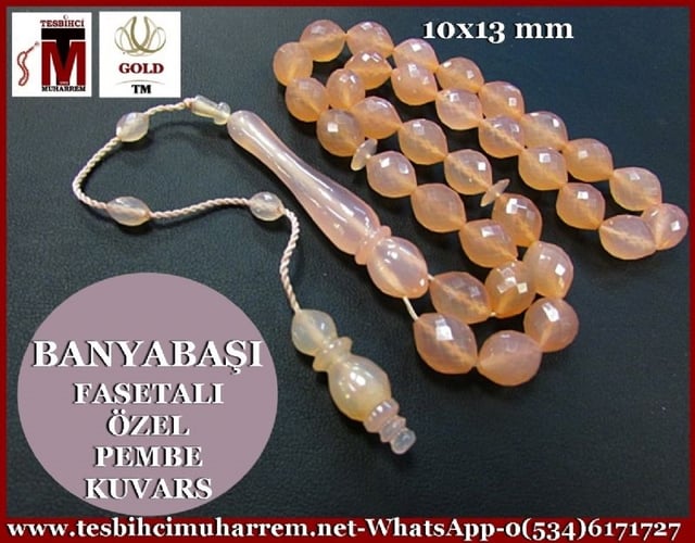 PEMBE KUVARS TAŞ TESBİH 10x13 mm FASETALI BANYABAŞI