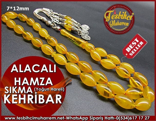 Gümüş Püsküllü Sıkma Kehribar Tesbih 7*12 mm Alacalı Hamza