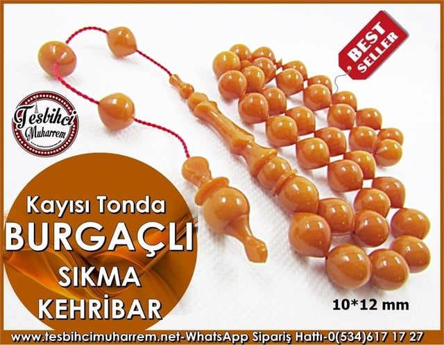 Sıkma Kehribar Tesbih 10*12 mm Kayısı Tonda Burgaçlı