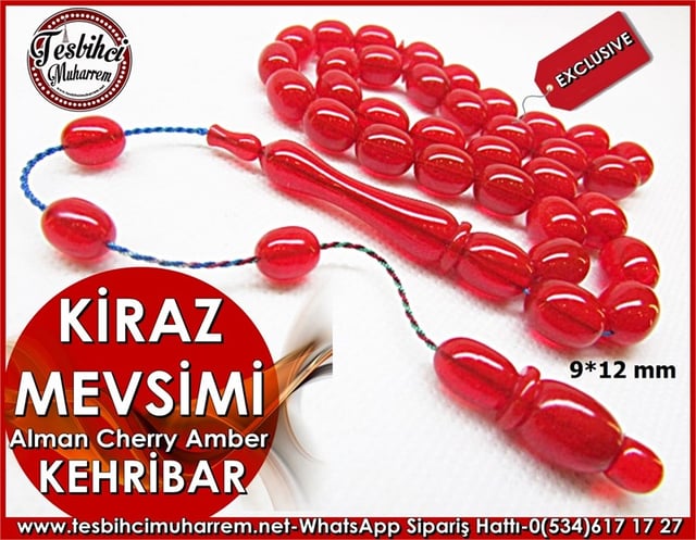 Alman Cherry Amber Kehribar Tesbih 9*12 mm Kiraz Mevsimi 