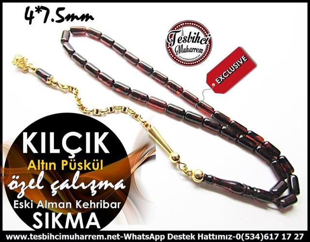 Altın Püskül Çalışma Eski Alman Sıkma Kehribar Tesbih Kılçık 