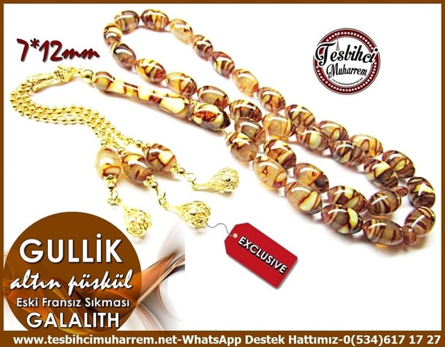 Altın Püskül Çalışma Eski Fransız Sıkması Karamelli Galalith Tesbih Gullik