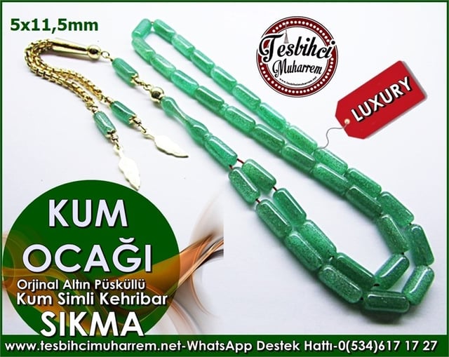 Altın Püsküllü Kum Simli Fıstıki Yeşil Sıkma Kehribar Tesbih Kum Ocağı