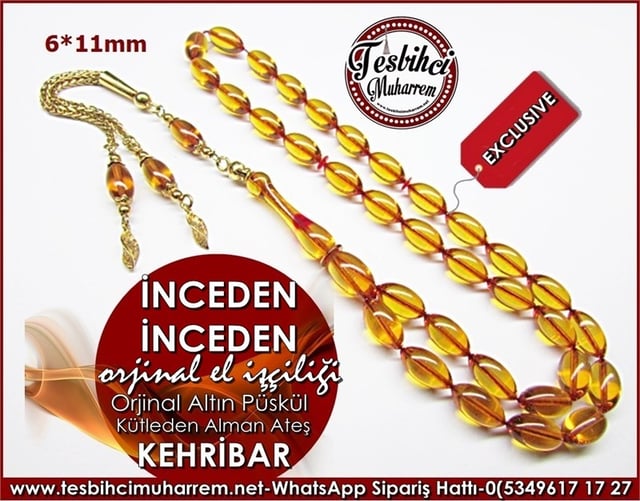 Altın Püsküllü Özel İşçilik Ateş Kehribar Tesbih İnceden İnceden