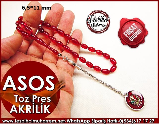 Asos Hediyelik 6,5*11 mm Özel Püsküllü Kırmızı Ateşi Toz Pres Akrilik Tesbih