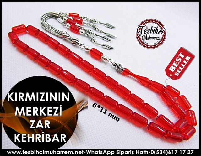 Zar Kehribar Tesbih 6*11 mm Kırmızının Merkezi