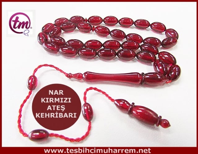 ATEŞ KEHRİBARI TESBİH 7x11.5 mm NAR KIRMIZISI BERD-İ BEYZA