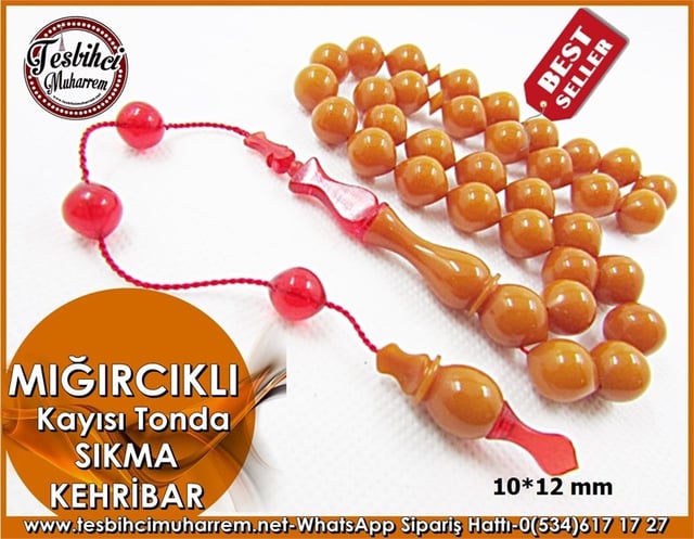 Sıkma Kehribar Tesbih 10*12 mm Kayısı Tonda Mığırcıklı