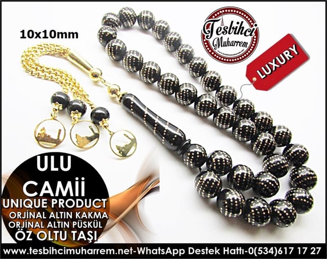Çeşm-i Nur Orjinal Altın Kakma ve Altın Püsküllü Öz Oltu Taşı Tesbih Erzurum Ulu Camii logolu
