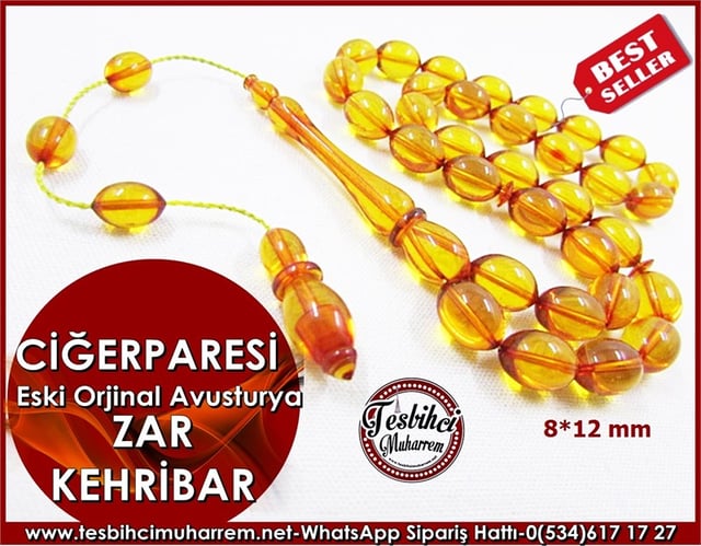 Avusturya Zar Kehribar Tesbih 8*12 mm Ciğerparesi 
