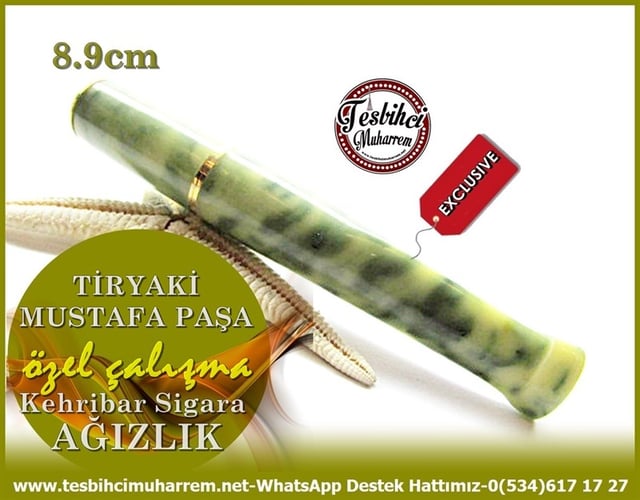 El İşçiliği Benekli Yeşil Kehribar Sigara Ağızlığı Tiryaki Mustafa Paşa