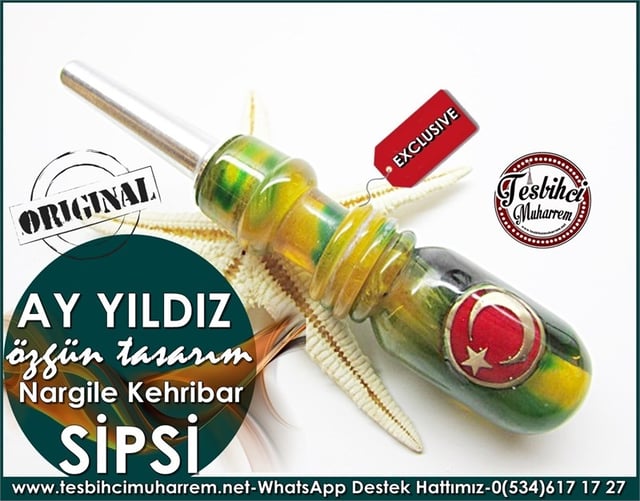 El İşçiliği Nargile Sipsisi Sarı Yeşil Damarlı Ton Özgün Tasarım Kehribar Ay Yıldız Model