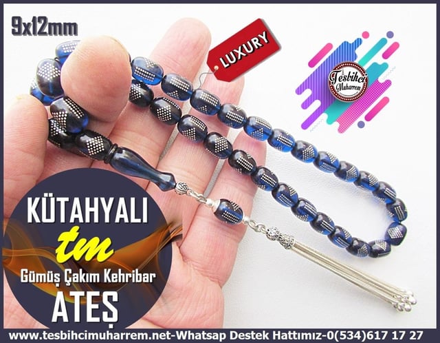 Lacivert Ton TesbihlerTM13572Erzurumlu Sırrı Usta Tornası Tespih | Ateş Kehribar, Gümüş Çakım, Gümüş Püskül, Lacivert, 