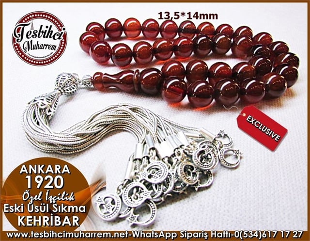 Eski Usül Sıkma Kehribar Tesbih 13,5*14 mm Ankara 1920