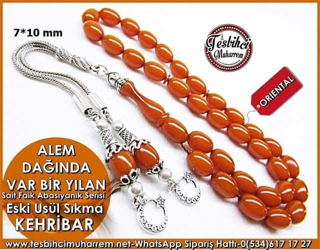 Eski Usül Sıkma Kehribar Tesbih 7*10mm Alem Dağında Var Bir Yılan 