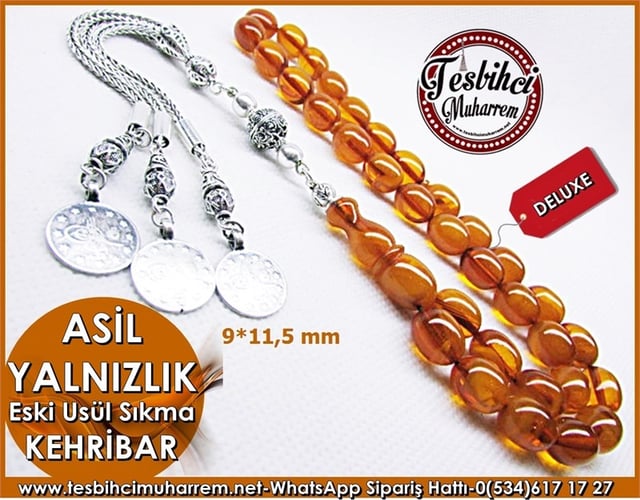 Eski Usül Sıkma Kehribar Tesbih 9*11,5 mm Asil Yalnızlık 