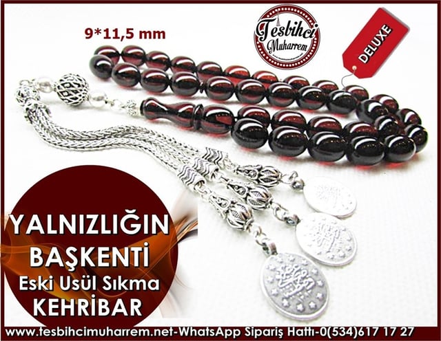 Eski Usül Sıkma Kehribar Tesbih 9*11,5 mm Yalnızlığın Başkenti 