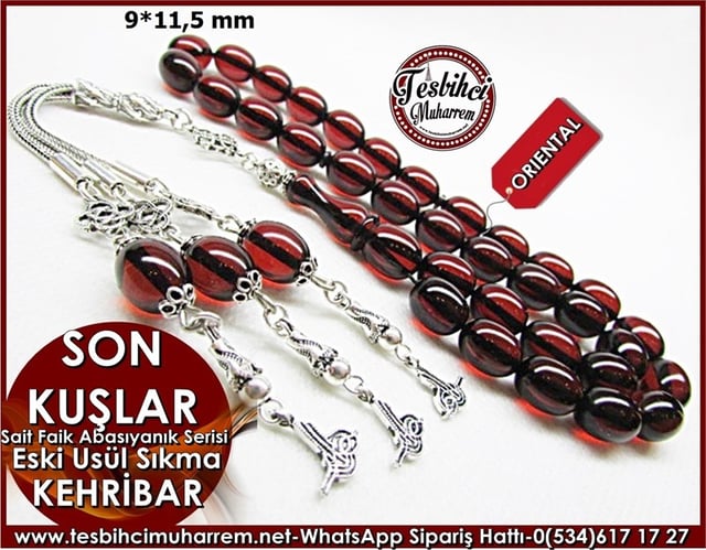 Eski Usül Sıkma Kehribar Tesbih 9*11,5 mm Son Kuşlar