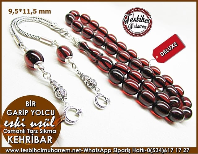 Eski Usül Sıkma Kehribar Tesbih 9,5*11,5 mm Bir Garip Yolcu