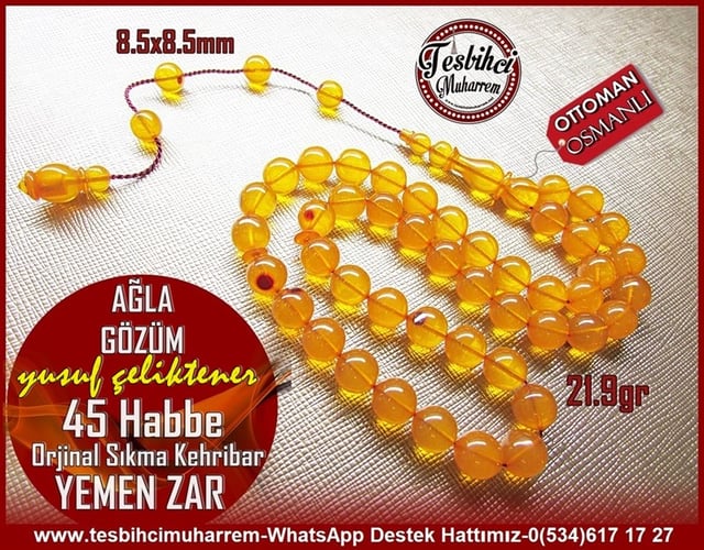 Yemen Zarı Kehribar TesbihTM11065Eski Yemen Zar Kehribar Tesbih 45 Habbe Kayısı Ton Osmanlı Ağla GözümEski Yemen Zar Kehribar Tesbih 45 Habbe Kayısı Ton Osmanlı Ağla Gözüm