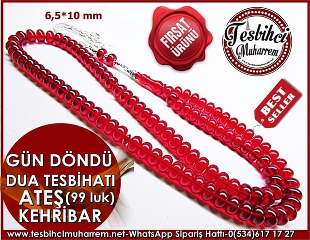 99 luk Ateş Kehribar Tesbih 6,5*10 mm Gün Döndü Dua Tesbihatı