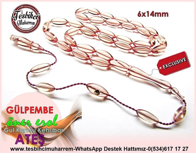 Gül Kurusu Şeffaf Uzun Arpa Ateş Kehribar Tesbih Gülpembe 