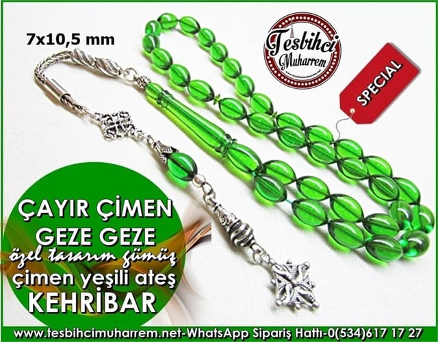 Gümüş Püskül Ateş Kehribar Tesbih 7*10,5 mm Çayır Çimen Geze Geze