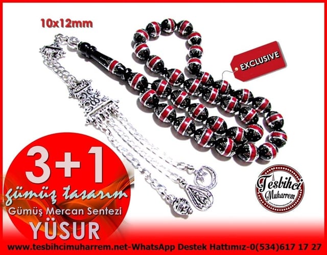 Gümüş Püskül Gümüş Kakma Özel Çalışma Siyah Kırmızı Deniz Mercanı Yüsur Tesbih 3+1