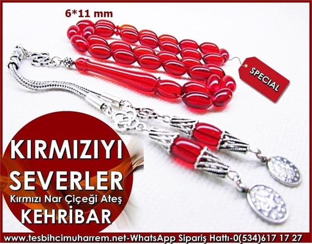 Gümüş Püsküllü Ateş Kehribar Tesbih 6*11 mm Kırmızıyı Severler 
