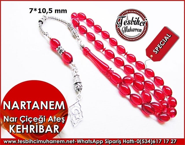 Gümüş Püsküllü Ateş Kehribar Tesbih 7*10,5 mm Nartanem 
